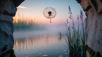 Dandelion Seed Floating Over Misty Water Viewed Through Stone Structure photo