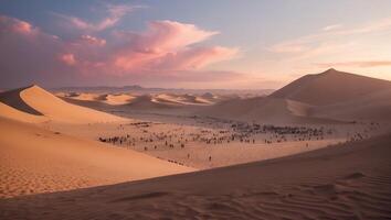 Walking Through Desert Sands at Dusk with Pink Cloudscape photo