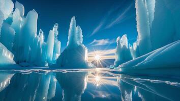 Icy Landscape with Reflections on Water and a Sunburst Backdrop photo