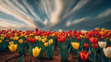 Blooming Tulip Field with Colorful Flowers and Striking Cloudscape photo
