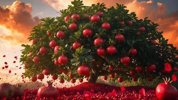 Pomegranate Tree with Red Fruit and Petals at Golden Hour photo