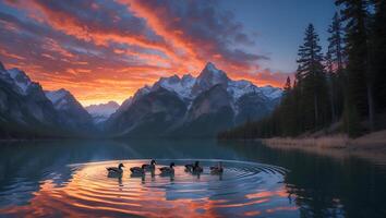 Ducks Swimming on Lake at Sunset with Snowy Mountain Backdrop photo