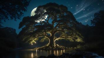 Majestic Tree by Water Illuminated Under a Full Moon at Night photo