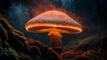 Glowing Mushroom in Forest Landscape with Mossy Ground and Mist photo