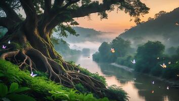 Lush Green Forest Landscape with River and Flying Butterflies photo