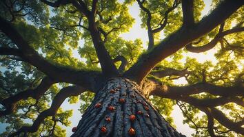 Looking Up at Large Tree Canopy with Ladybugs Climbing on Bark photo