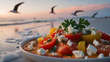 Tomato Salad with Feta Cheese by the Ocean at Sunset photo
