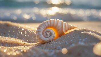Seashell Resting on Sandy Beach with Gentle Waves and Sunlight photo