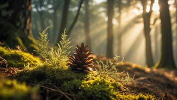 Pine Cone Resting on Mossy Ground in a Sunlit Forest photo