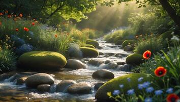 Flowing River Through Lush Green Forest with Mossy Stones and Wildflowers photo