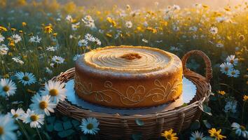 Cake in Basket Displayed in Meadow of Flowers with Warm Light photo
