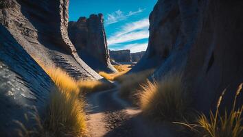 Winding Desert Road Between Rock Formations Leading to a Sunny Horizon photo