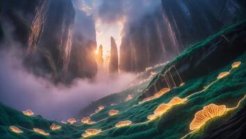 Glowing Mushrooms on Hillside at Dusk with Towering Rock Formations photo