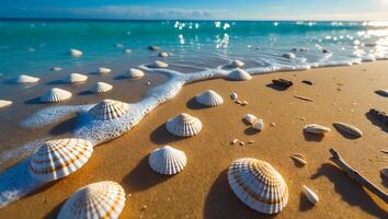 Seashells on Sandy Beach with Gentle Waves Reaching Shoreline photo