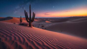 Cactus in Desert Landscape at Dusk with Striking Sand Dunes Pattern photo