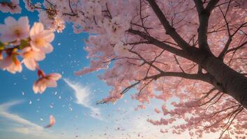Blooming Cherry Blossom Tree with Petals Falling on Blue Sky photo