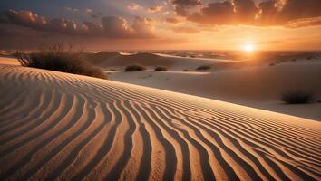 Sand Dune Landscape at Sunset with Dramatic Light and Shadows photo