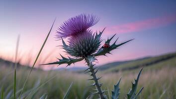 Thistle with Ladybug in Field at Dusk with Soft Sky photo