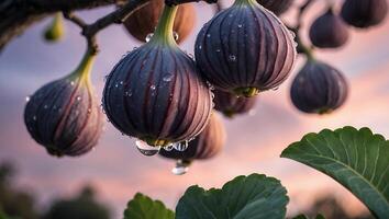 Ripe Figs Hanging on Branch with Water Droplets at Sunset photo