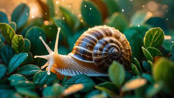 Snail Crawling on Green Leaves with Water Droplets Close-up photo