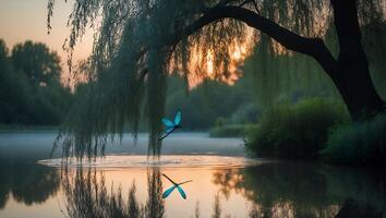 Dragonfly Hovering Above Water at Sunset Near Weeping Willow Tree photo