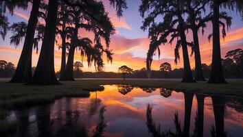 Tranquil Sunset Reflection on Pond Surrounded by Tall Trees photo