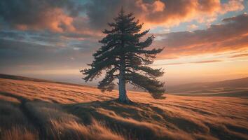 Solitary Tree on Grassy Hill at Golden Hour with Dramatic Sky photo