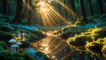 Sunlight Streaming Through Forest with Mushrooms and Gentle Stream photo