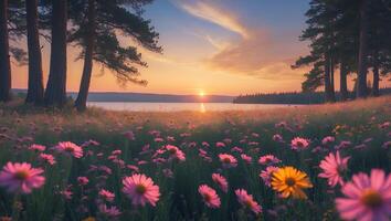 Flower Field at Lake with Sunset Creates a Serene Landscape photo