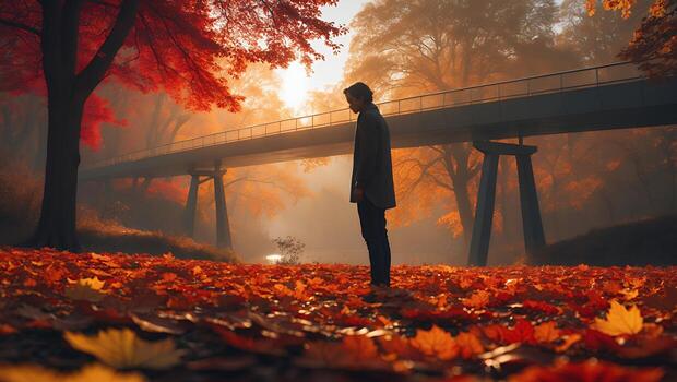 Man Standing in Autumn Leaves Under Bridge at Golden Hour photo
