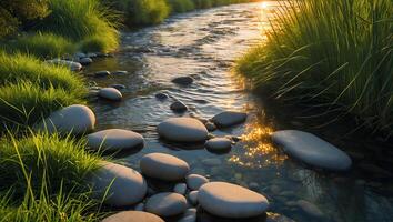 River Flowing Through Rocks and Grass at Sunset Serene Nature Scene photo