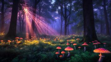 Mushrooms in Forest with Sunlight Rays, Fantasy and Dreamlike Atmosphere photo