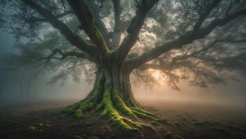 Majestic Old Tree in Foggy Forest with Mossy Roots photo
