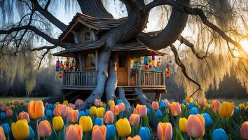 Charming Treehouse in Tulip Field Under Willow Tree at Sunrise photo