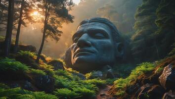 Giant Stone Head Sculpture Surrounded by Lush Forest at Sunrise photo
