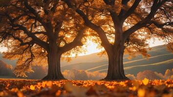 Two Old Trees Standing in Autumnal Landscape at Sunset with Leaves photo