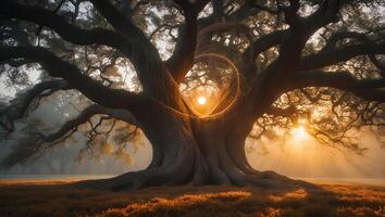 Majestic Tree Silhouette at Sunset with Golden Light and Mystical Spiral photo