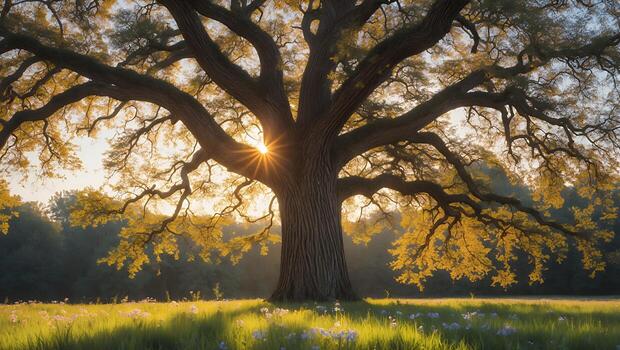 Majestic Tree in Meadow with Sunlight Streaming Through Branches photo