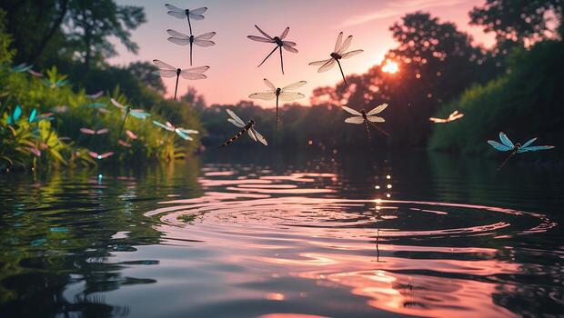 Dragonfly Swarm Over River at Sunset with Water Ripple Effect photo