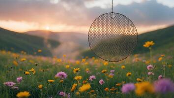Flower Field at Sunset with Hanging Circle Decor and Hills photo