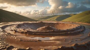 Mud Volcano Erupting in Grassy Hills Landscape with Cloudy Sky photo