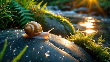 Snail Crawling on Wet Rock with Water Droplets in Nature photo