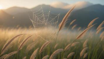 Spiderweb with Dewdrops in Grassy Field at Sunrise, Mountain Backdrop photo
