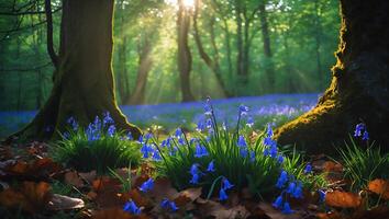 Blooming Bluebell Flowers in a Sunlit Forest Glade During Spring photo