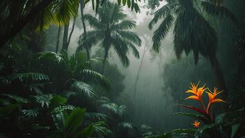 Rainy Jungle Scene with Lush Vegetation and Exotic Flower photo