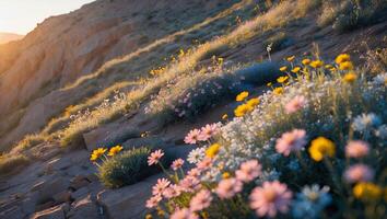 Wildflowers Blooming on Rocky Hillside with Sunlight at Dusk photo