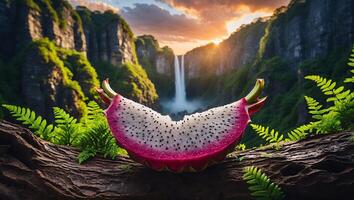 Sliced Dragon Fruit on Log with Waterfall and Ferns Backdrop photo