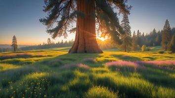 Giant Tree Standing in Meadow with Wildflowers at Sunset photo