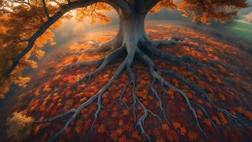 Majestic Tree Roots Sprawling Over Autumn Leaves in Misty Forest Landscape photo