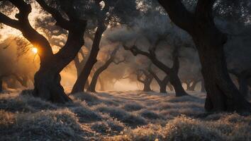 Sunlight Streaming Through Forest of Trees with Ground Cover Landscape photo